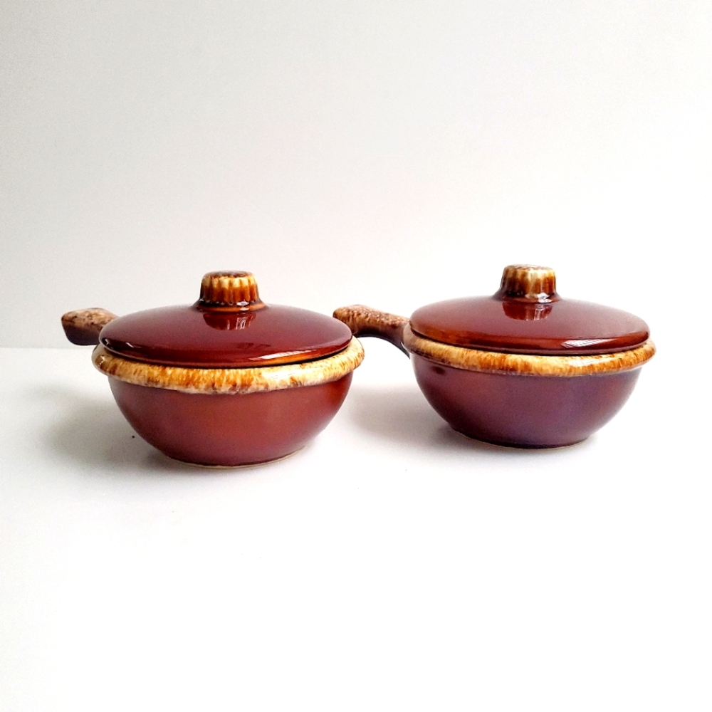 HULL POTTERY USA Oven Proof Brown Drip Glaze Rim Mini Lidded Casserole Set of 2